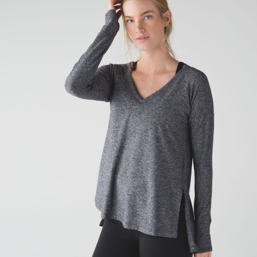 Lululemon Womens Dash To Class Relaxed Long Sleeve V Neck Marled Gray Top Sz 4
